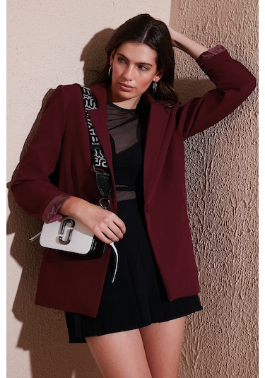 Lela Standart Fit Mono Yaka Desenli Astar Detaylı Blazer Bayan Ceket 6524003 Bordo