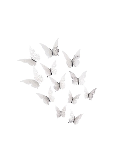 Jeehugo Gümüş 3d Kelebek Duvar Sticker, Ev Dekorasyonu, Salon Odası, Dıy Tasarım, Parlak Kağıt Malzeme, 12 Adet + Tutkal Noktaları Gümüş