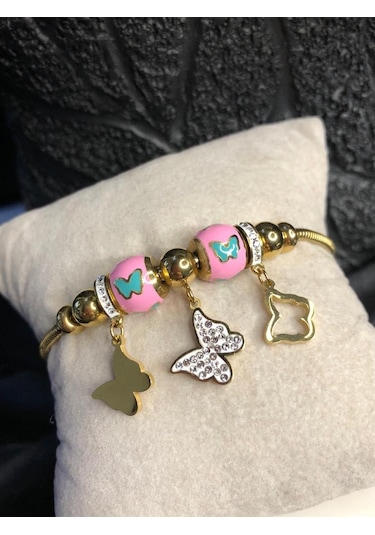 Vog S Model Mine İşlemeli Kelebek Çelik Bileklik Sarı