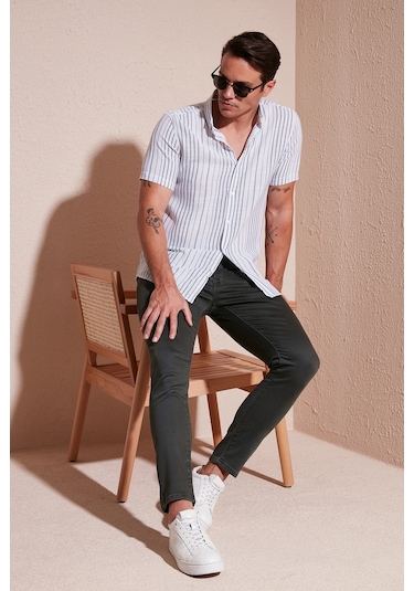 Buratti Çizgili Pamuklu Slim Fit Kısa Kollu Erkek Gömlek Cf23S116097 Beyaz-Yeşil