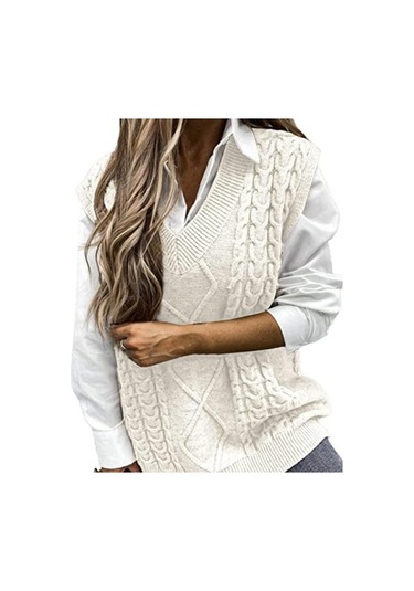 Saf Renk Kolsuz Kazak Yelek Sıcak Trendy Büküm Örme Kadın Yelek Günlük Giyim İçin Bej