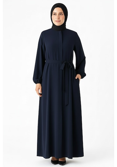 Medine İpeği Mevlana Kesim Cepli Kuşaklı Bol Ferace 4000-lacivert Lacivert