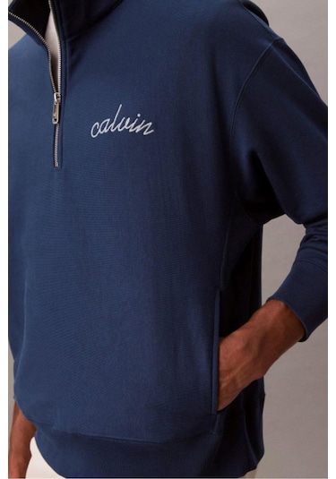 Erkek Yarım Fermuarlı Logolu Sweatshirt - Mavi-8783 Blue Jean