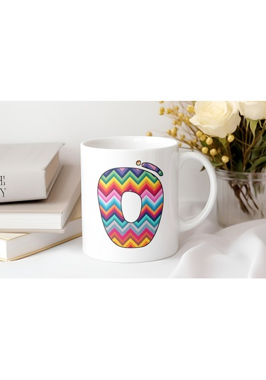 O Harfi Renkli Zigzag Desenli Kupa Bardak - Afrika Tarz Etnik Tasarım Kupa - Kişiye Özel Beyaz