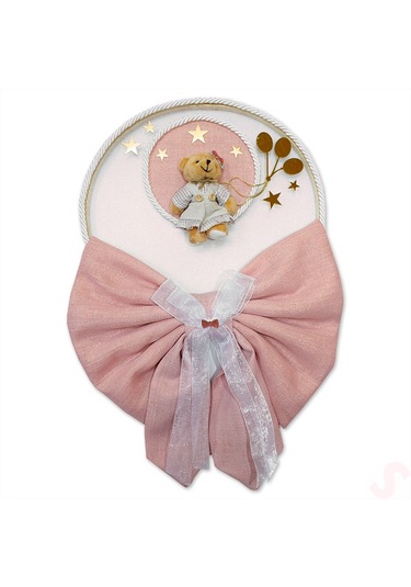 Kasnaklı Fiyonk Ve Ayıcıklı 30cm Kapı Süsü - Pembe