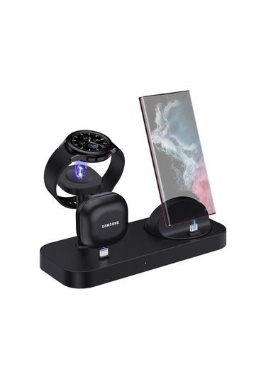 Rogfer B25 Type-c 4-in-1 Samsung Watch / Galaxy Uyumlu Buds İçin Şarj Standı Telefon Tutucu Siyah