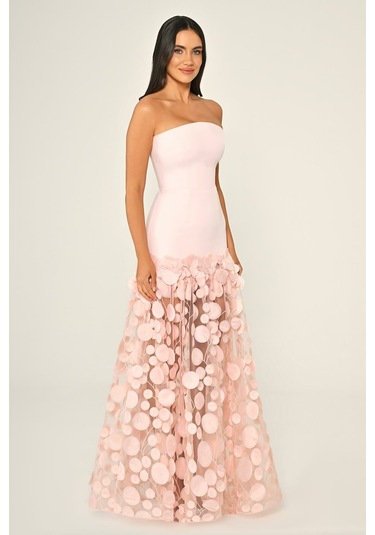 Krep Eteği 3 Boyutlu Tül Uzun Abiye Elbise Alfa Beta B7067 Pembe