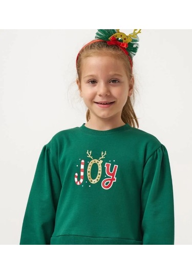 Kız Çocuk Joy Baskılı Tüllü Yıllbaşı Elbisesi Nbk-24908 Yeşil