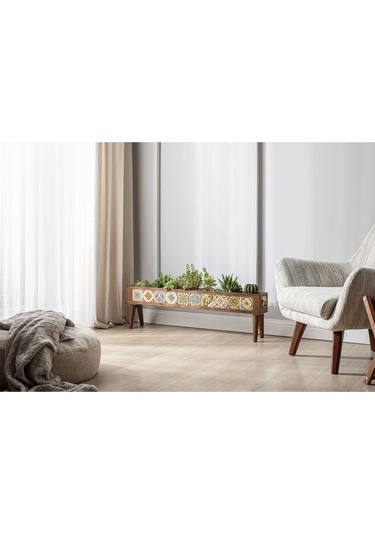 Halohope El Yapımı Ayaklı 10 Çinili Dekoratif Modern Ahşap Dikdörtgen Bahçe Balkon Saksı Saksılık Çiçeklik