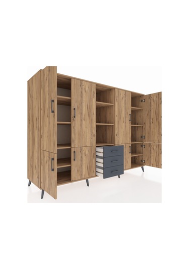 Kronos Dolap 11 Raflı 3 Çekmeceli 8 Kapaklı 220x59x163 Çam-çam/an Çam-çam/antrasit