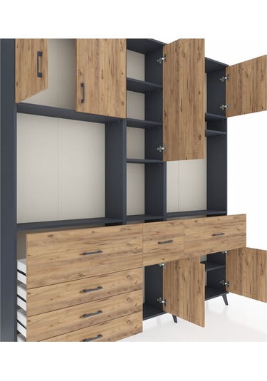 Arges Dolap 10 Raflı 6 Çekmeceli 8 Kapaklı 220x30x243 Antrasit-çam/çam Atlas Çam/atlas Çam