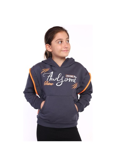 Toontoy Kız Çocuk Kapüşonlu Fermuar Detaylı Baskılı Sweatshirt Füme Melanj