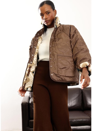 Kahverengi Çift Taraflı Şişme Polar Mont 01304 Kahverengi