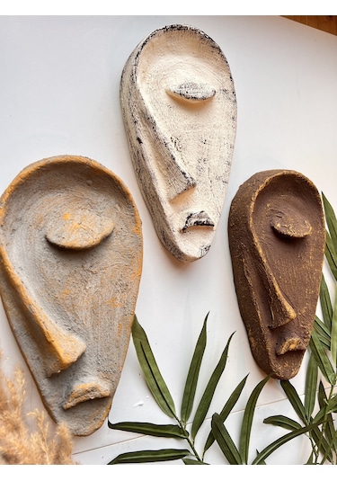 Özel Tasarım El Yapımı Heykel Soyut Yarım Yüz Maske 3'lü Set, Duvar Dekor, Modern Ev Ve Ofis Dekoru