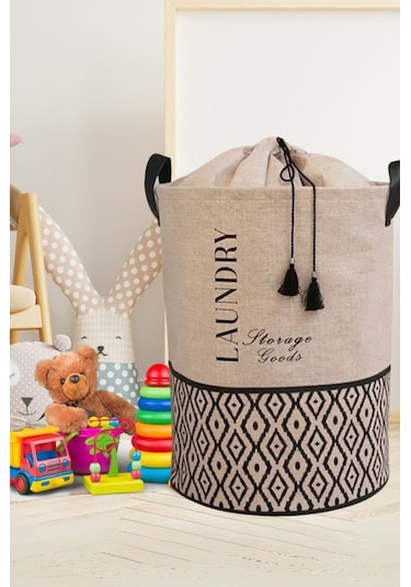 Flora Torbalı Çamaşır Oyuncak Sepeti, Ağzı Büzgülü Dekoratif Saklama Sepeti 35x50cm Bej