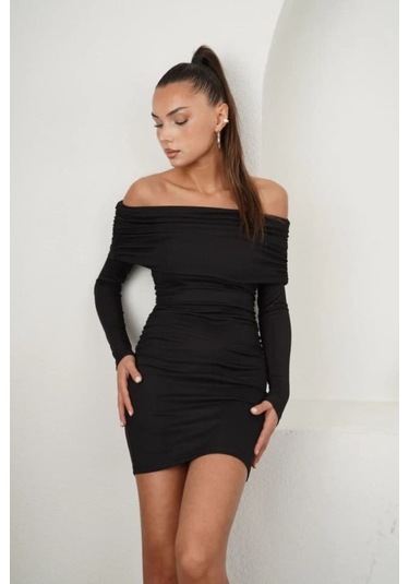 Kadın Madonna Mendil Yaka Fırsat Ürün Büzgülü Mini Elbise Siyah