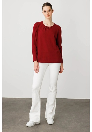 Desen Triko Kadın Sıfır Yaka Dantel Çiçek İşlemeli Ligralı Bluz 25093 Vişne Çürüğü Vişne Çürüğü