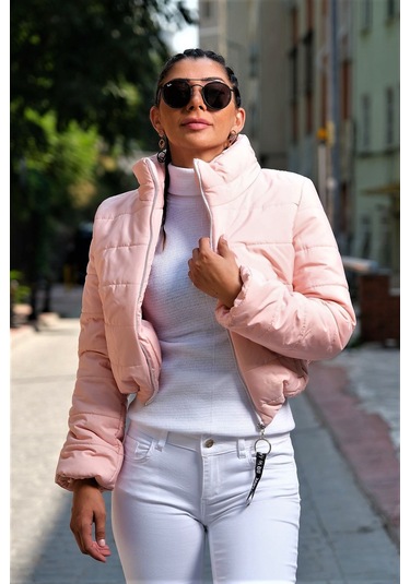 Kadın Pudra Dik Yaka Su Geçirmez Kısa Şişme Mont