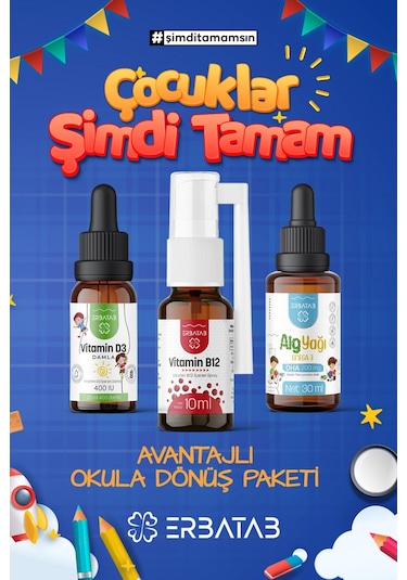 Erbatab Okula Dönüş Paketi Vitamin D3 Vitamin B12 Alg Yağı Omega-3