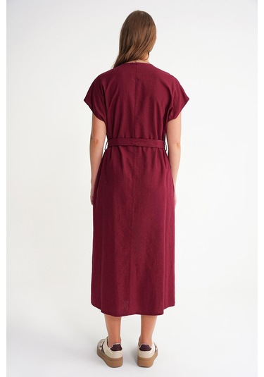 4721 Kadın V Yaka Düğme Detaylı Keten Elbise Bordo Bordo
