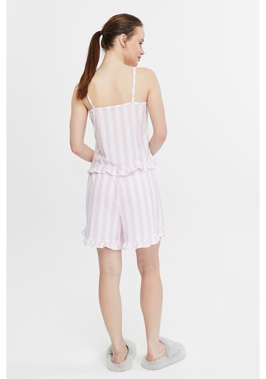 Bella Dossi Askılı Rahat Pamuklu Çizgili Kumaştan Fırfır Detaylı Şortlu Kadın Pijama Takımı Pembe/beyaz Pembe