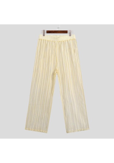 Incerun Artı Boyutu Erkek File Maxi Pantolon See Through Yaz Örgü Tatil Rahat Gevşek Katı Uzun Pantolon Bej