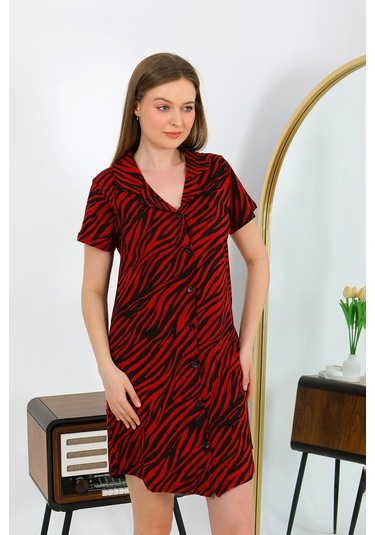 Akbeniz Kadın Pamuk Penye Kısa Kol Düğmeli Bordo Tunik Gecelik 13112 Bordo