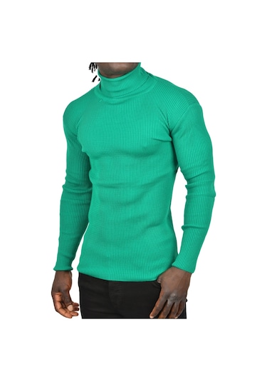 Deepsea Erkek Yeşil İnce Fitilli Tam Boğazlı Balıkçı Yaka Tüylenmeyen Triko Kazak 2505498 Yeşil