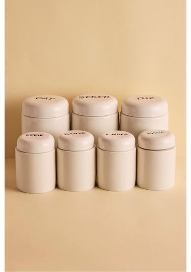 Heybeli 7'li Porselen Kapaklı Yuvarlak Formlu Ergonomik Erzak Baharatlık Seti Beyaz Beyaz