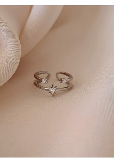 İki Sıralı Yıldız Zirkon Taşlı Ayarlanabilir Silver Gümüş Renkli Yüzük Silver