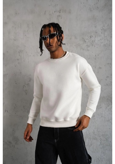 Mbb E-ticaret Erkek Düz Bisiklet Yaka 3 İplik Pamuklu Sweatshirt - Beyaz