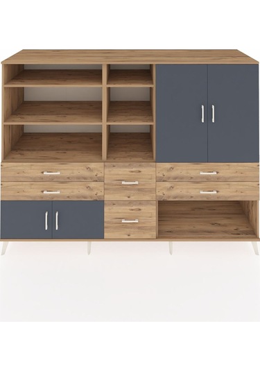 Kronos Dolap 10 Raflı 6 Çekmeceli 4 Kapaklı 220x59x163 Çam-antras Çam-antrasit/çam