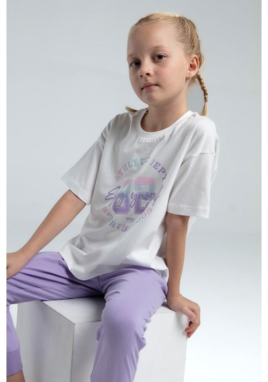 Toontoy Kız Çocuk Önü Baskılı Pijama Takım 14098 Lila