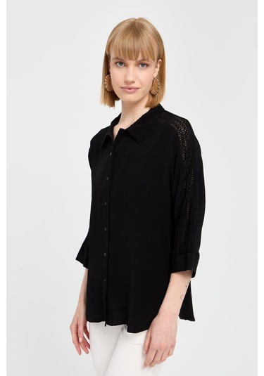 Kadın Kolları Dantel Şeritli Maroken Gömlek Siyah Siyah