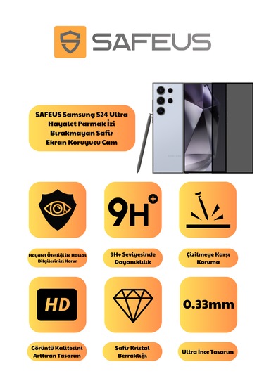 Safeus Tam Kaplayan Hayalet Parmak İzi Bırakmayan Safir Ekran Koruyucu Cam , Samsung S24 Ultra İle Uyumlu