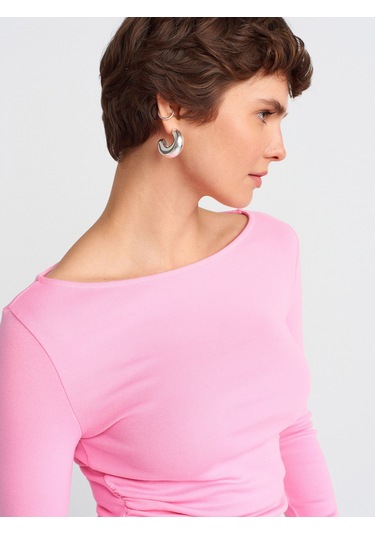 Dilvin 31401 Büzgülü Kayık Yaka Top-pembe Pembe