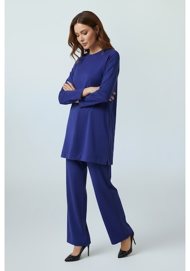 Kadın Tunik Önü Dikişli Altı Bantlı Pantolonun Beli Lastikli Önü Dikişli İkili Takım Mavi