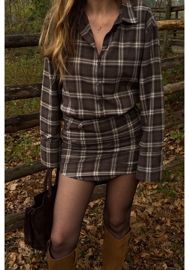 Kahverengi Ekose Gömlek Elbise - 4989 Kahverengi