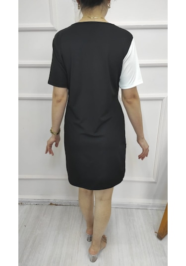 Kadın Kısa Kollu Kare Yaka Parçalı Desen Dalgıç Elbise Siyah