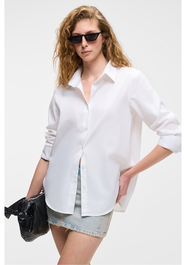 DELFINO Kadın Oversize %100 Organik Pamuk Uzun Kollu İnce Uzun Beyaz Gömlek