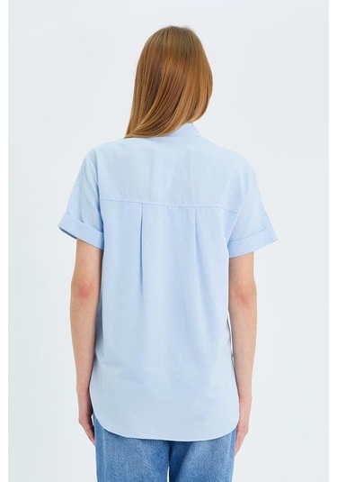 3950 Kadın Oxford Kısa Kollu Basic Gömlek Bebe Mavi Bebe Mavi