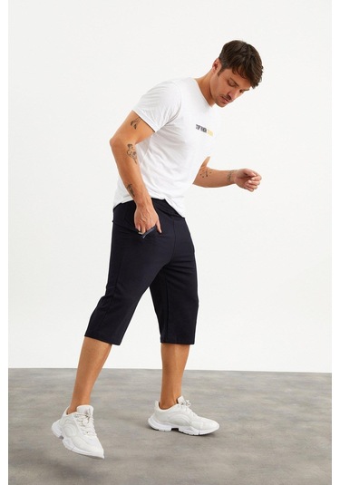 201762 Cep Nakış Detaylı Erkek Kapri-Lacivert