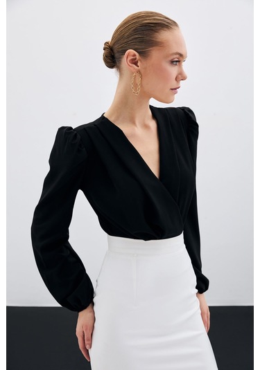 Sateen Kruvaze Vatkalı Bodysuit - Siyah