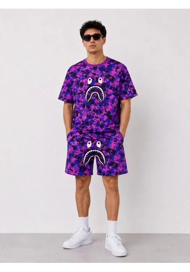 Efnaz Style Erkek Oversize Kalıp Pubg Bape X Shark Nakışlı Cepli Şort Takım - Mor