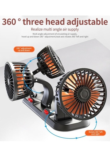 Pazly 3 Başlıklı Siyah Araç Fanı, 360 Dönebilir, 2 Hızlı, Usb Güçlü, Düşük Sesli, 30.2x13.5x9.8cm