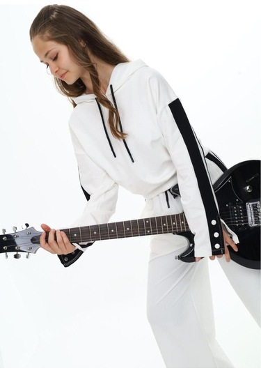 Kız Çocuk %100 Pamuk Kapüşonlu Uzun Kol Oversize Alt&üst Eşofman Takımı-eşt-0020 Beyaz