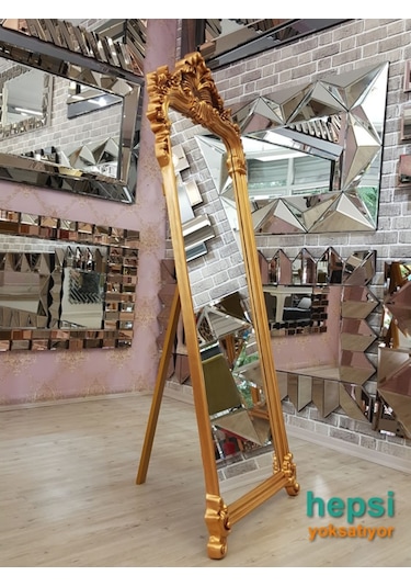 Vintage Madam Model Altın Renk Varaklı Ayaklı Boy Aynası Altın