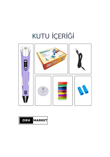 Mor 3D Kalem 3D Pen Yazıcı Kalem – 20 Adet 5 Metrelik PLA Filament (Toplam 100M) + USB Kablo