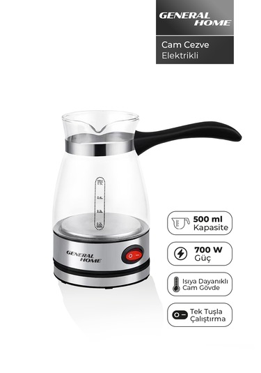 General Home Cz-47 Elektrikli Cam Cezve Siyah 0.5 L Türk Kahvesi, 700w, Gösterge Işıklı