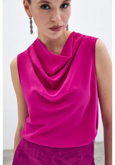 Sateen Degaje Yaka Kolsuz Bluz - Fuşya